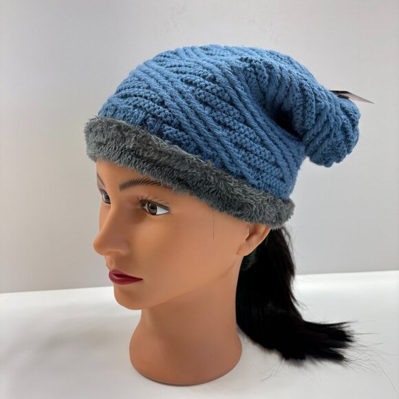 Hat - Slouchy Oversized Baggy  Winter Beanie Hat- Blue W/Gray Fur - Unisex - NWT - Picture 2 of 9